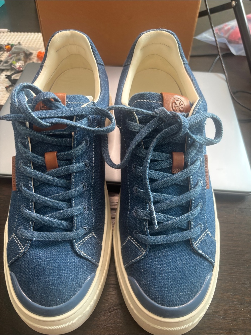 Tory Burch women Denim Sneakers in Blue with Tan Logo Tabs